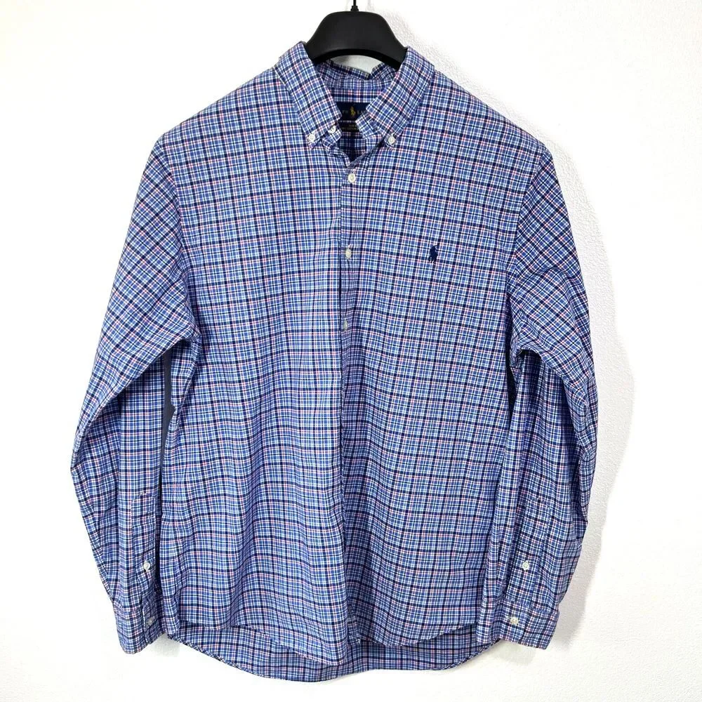 Ralph Lauren Slim Fit Shirt Mens XL Cotton Stretch Blue Red Check Plaid ‎ Pony